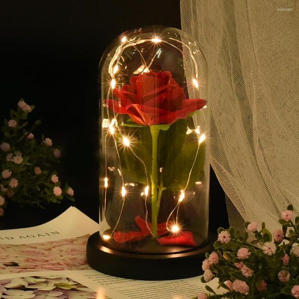 Fleurs décoratives éternelle rouge rose en verre LED dôme feuille d'or fleur pour toujours année Saint Valentin mères cadeau pour petite amie amant