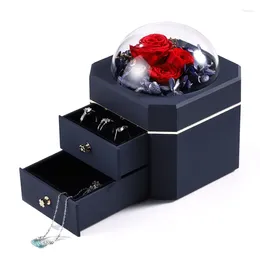 Fleurs décoratives Rose éternelle préservée artificielle, étui pour bague, bijoux, collier, boîte de rangement, décor de mariage, cadeau d'anniversaire de saint-valentin pour femmes