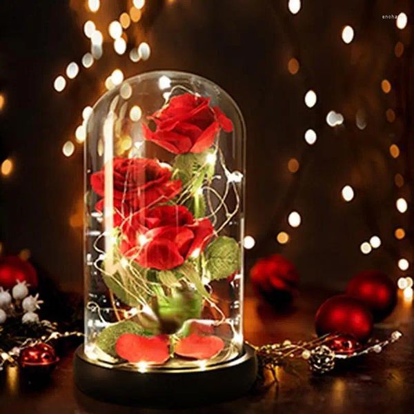 Fleurs décoratives Rose éternelle avec LED Light Light en verre anniversaire de Noël artificiel pour décor Année de mariage cadeaux à la maison