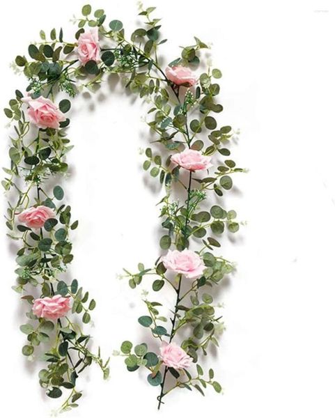 Flores decorativas Garland de eucalipto con signo de bienvenida de 5.9 pies Decoración de bodas Ivy Flor artificial Rose Vine Decoración del hogar (rosa)