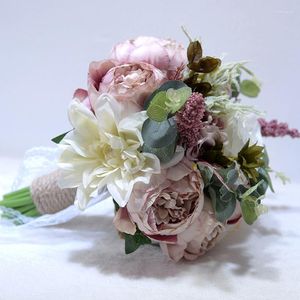 Fleurs décoratives Européenne Artificielle Rose Pivoine Bouquets De Mariage De Mariée Pays Jardin Bohème Mariée Bouquet De Mariage Flores