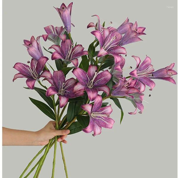 Fleurs décoratives Européenne Rétro Lily 3 Têtes Branche Real Touch Artificielle Pour La Décoration De Mariage De Fête Flores Artificiales Lys