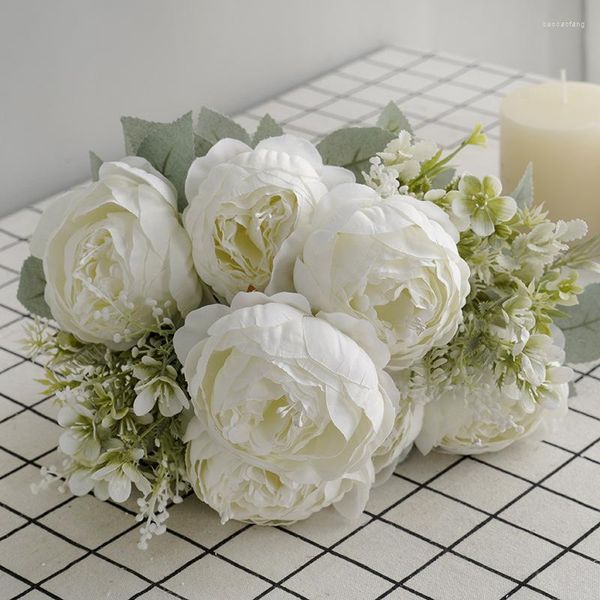 Fleurs décoratives Simulation européenne pivoines Bouquet soie faux maison salon chambre décoration fleur rétro noyau pivoine