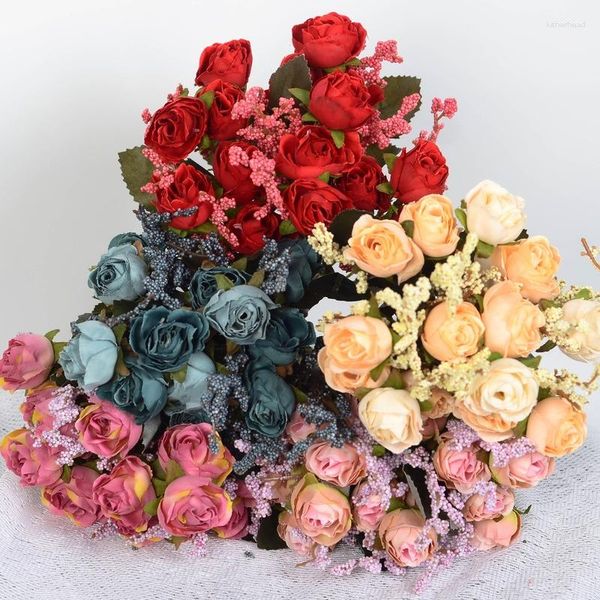 Flores decorativas estilo europeo 15 pequeñas rosas de simulación decoración del hogar ramo de novia boda falsa