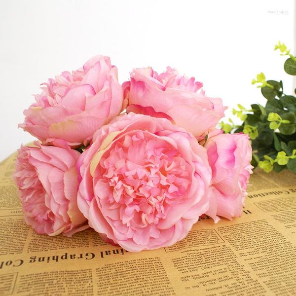 Flores decorativas estilo europeo 5 cabezas peonía artificial rosa blanca seda rosa para el hogar boda ramo de novia