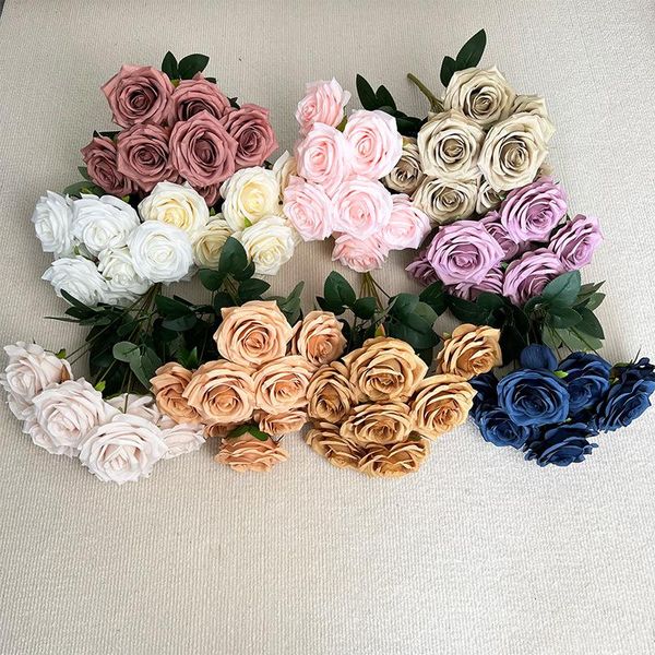 Fleurs décoratives Style européen Simulation 9 Roses Bouquet décoration de la maison diamant Rose poignée artificielle