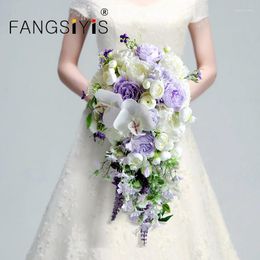 Fleurs décoratives Style de chute d'eau de mariage européen Bouquet nuptial artificiel blanc violet fleur lavande cascades tenant du vert