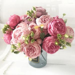 Flores decorativas Exquisito 5 Big Head Silk Peony Rose Rose Rosa Bouquet Flower False For Wedding Farty Decoración del hogar