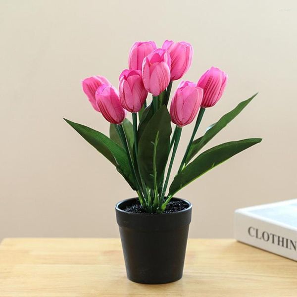 Fleurs décoratives Exquis Bonsaï Artificiel Réaliste Faux Fleur De Soie Tulipe En Pot Longue Durée Pour Le Bureau