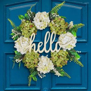 Fleurs décoratives, couronne artificielle accrocheuse, décoration de porte d'hortensia festive vert blanc pour mur avant suspendu rond
