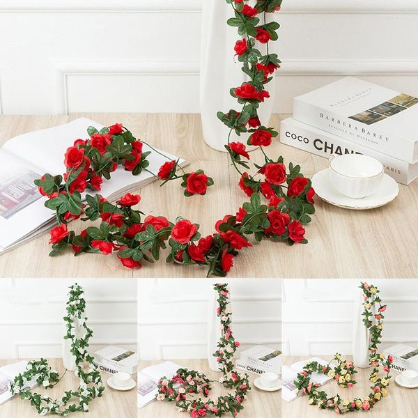 Flores decorativas Ventas directas de fábrica 2,5 M Artificial Rose Rattan String Decoración Seda Falsa Garland para la boda Hogar El Jardín Decoración