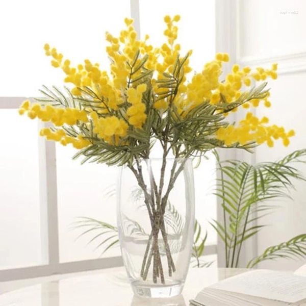 Fleurs décoratives fausses acacia fleur artificielle peluche mimosa pulvérisation cerise fruit branche de mariage table de mariage décoration blanc jaune