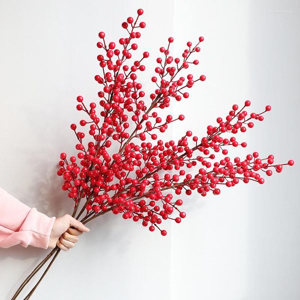 Fleurs décoratives Faux Holly Berry Artificielle Fleur Branches Tiges De Noël Décoration De La Maison Arbre Décor Rouge Fruit De Luxe Wed