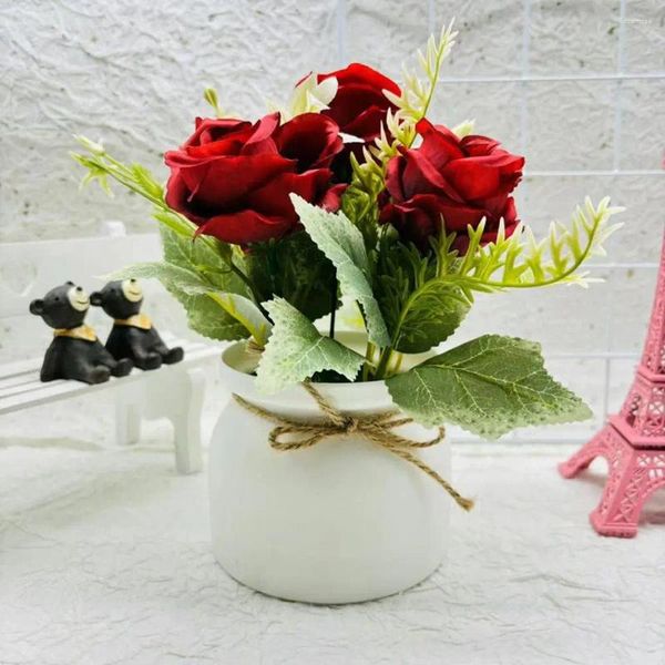 Flores decorativas Plantas falsas Juego de plantas en maceta de estilo escandinavo artificial colorido con tres rosas Pequeña maceta con borde torneado para el hogar