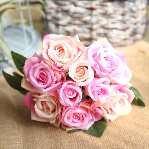 Fleurs décoratives fausse soie Rose tige 9 pièces/lot fleur artificielle mariage mariée Bouquet Simulation couronne guirlandes plante décoration de la maison