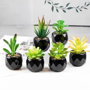 Fleurs décoratives fausses plantes succulentes Mini assortiment de plantes vertes artificielles en pot dans des Pots en céramique géométriques noirs décor pour chambre