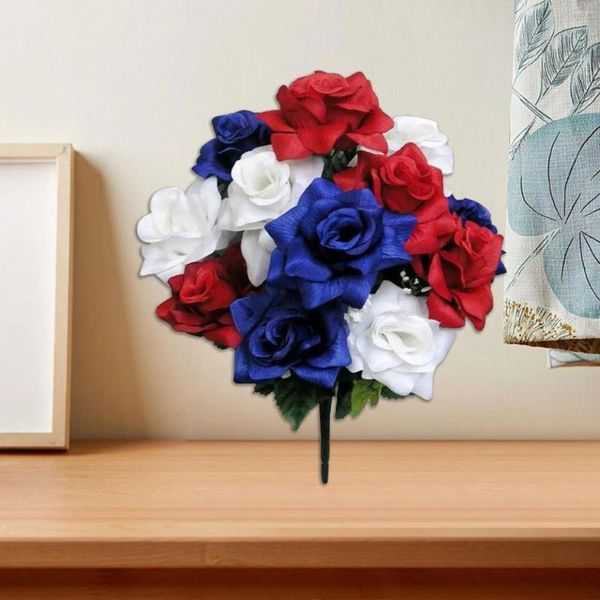 Guirlande de fleurs décoratives pour porte d'automne, 12 tiges, rosier artificiel veiné en Satin, rouge/blanc/bleu, automne