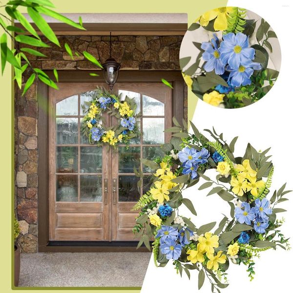 Fleurs décoratives Porche d'automne 3 couronnes Set Porte couronne de porte jaune et bleu Ferme de printemps d'été pour mur de maison