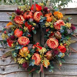 Couronne de fleurs décoratives d'automne, pivoines et citrouilles, artificielles, pour porte d'entrée d'automne, pour Thanksgiving, pour la maison et l'extérieur, 36