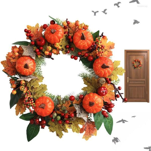 Fleurs décoratives couronne d'automne pour porte d'entrée récolte citrouille automne érable avec feuilles citrouilles baies Thanksgiving