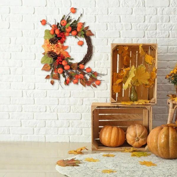 Flores decorativas, corona de otoño, Base de ratán, cosecha vibrante, Mini calabazas, bayas, decoración ornamental para la puerta delantera del hogar