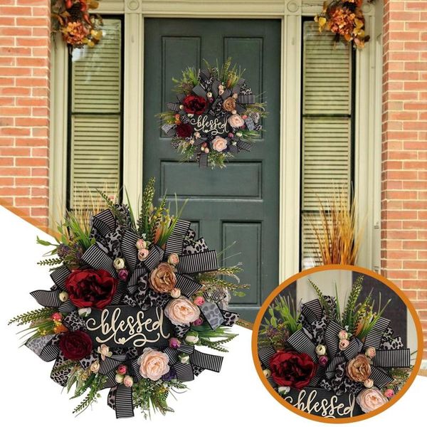 Couronnes d'automne de fleurs décoratives pour porte d'entrée, couronne extérieure, décor toute l'année, automne artificiel avec