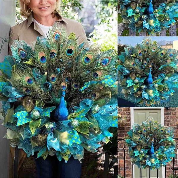 Fleurs décoratives fantaisie motif de paon couronnes de porte d'entrée couronne de porte d'entrée belle décoration bleue guirlande pour le mariage de la fête