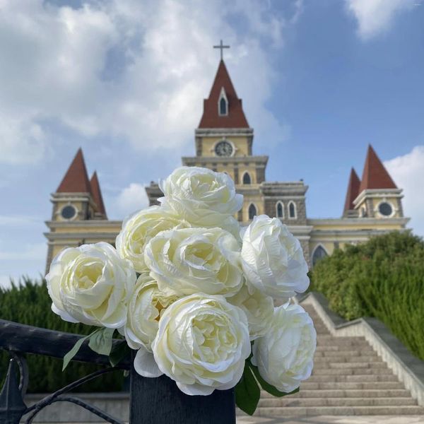 Flores decorativas, decoración de granja, San Valentín, 10 cabezas, peonía, rosa Artificial, venta al por mayor, ramo de boda para novia