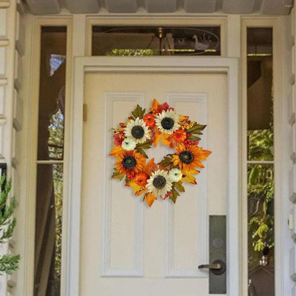 Flores decorativas Corona de puertas de guirnalda de flores de granja decoración de otoño de 17 pulgadas para la casa de interior de la casa al aire libre