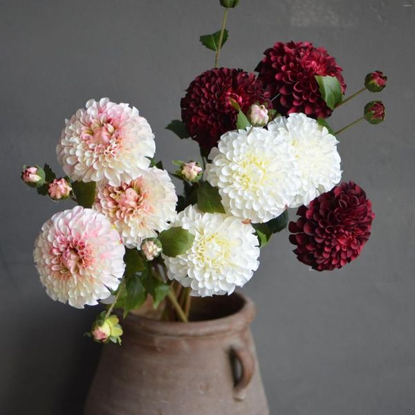 Flores decorativas Faux Dahlia Blanco degradado Rojo Borgoña Colores DIY Centros de mesa Ramo de boda Artificial