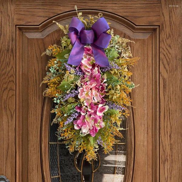 Flores decorativas Guirnalda de hortensias de imitación con cinta de lazo Granja Decoración de puerta para colgar en la pared Guirnalda de flores artificiales grandes para el hogar