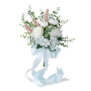 Decoratieve bloemen Faux Wedding Bride Bouquets Bridal Throw Bouquet Eucalyptus met zijdelint voor feestdecor multifunctionele achtergrond