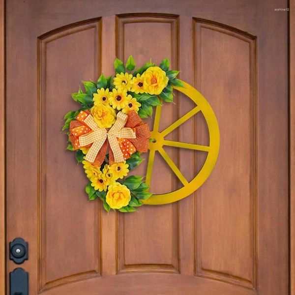 Flores decorativas Fine Workelthip Workship Wreath Roundic Round Artificial con primavera Decoración de flores amarillas Dot Pugo de arco Bownot Puerta para un