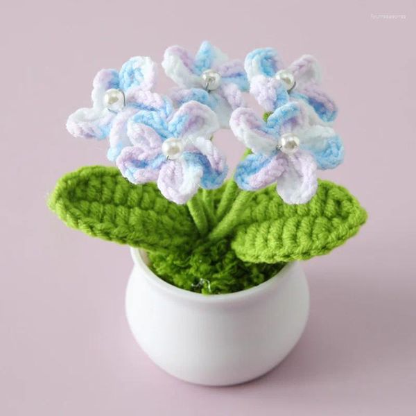 Fleurs décoratives fini Crochet bonsaï artificiel tricoté dégradé couleur myosotis en pot décorations de Table de bureau à domicile