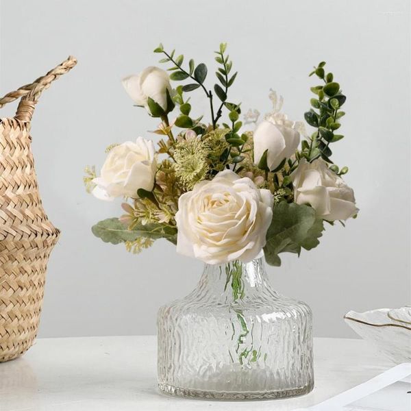 Fleurs décoratives Bouquet de tige flexible Arrangements de fleurs en soie de style pastoral pour la décoration de mariage à la maison Décorations de roses blanches Chambre à coucher