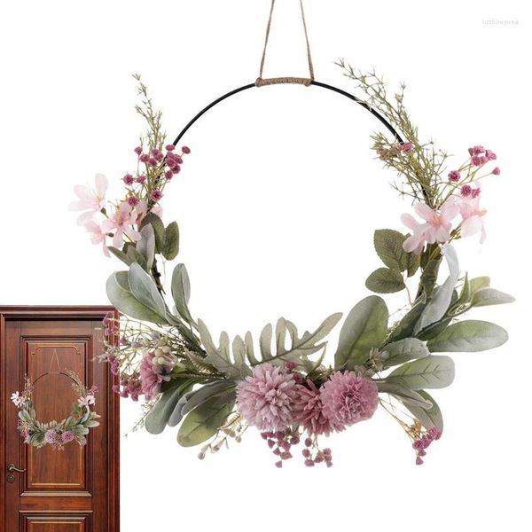 Flores decorativas Guirnalda de aro floral Puerta delantera artificial con hojas rosadas y verdes Colgador de granja colorido para la primavera