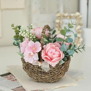 Flores decorativas Cesta de flores Artificial Pequeño Bonsai Bowknot Plantas en miniatura tejidas a mano En macetas Decoraciones de boda de escritorio modernas para el hogar