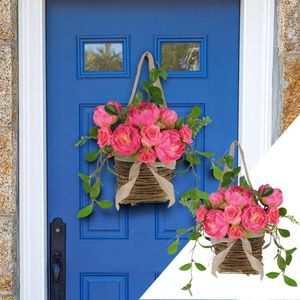 Flores decorativas Cesta de flores Corona del día de la madre Púrpura para la puerta de la oficina Colgador de Navidad Led para exteriores Frente de vidrio