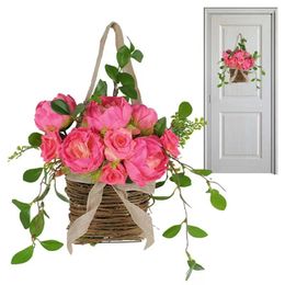 Flores decorativas Corona de flores para puerta Colgantes rosados creativos Cesta Casa de campo Decoración de bienvenida Adornos del festival de primavera Artificial
