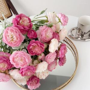 Fleurs décoratives pivoine étrangère Imitation fleur 3 tête flocage rosée Lotus mariage Ins décoration de la maison Vase Arrangement en gros