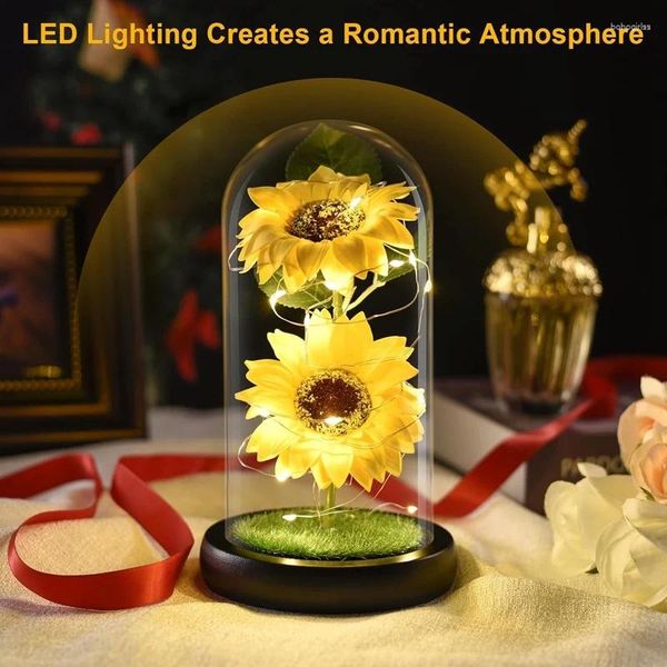 Fleurs décoratives Forever Tournesol pour femmes Tournesols artificiels dans un dôme de verre avec bande LED Anniversaire Fête des Mères Cadeau de Saint-Valentin