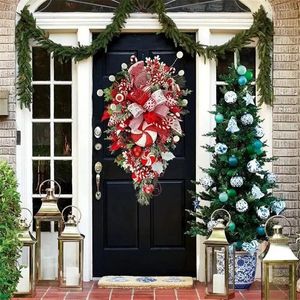 Decoratieve bloemen voordeur Feestelijke feestartikelen Hangende kerstkrans Garland Candy Cane Bow Ornament Xmas Wall Home Decorations