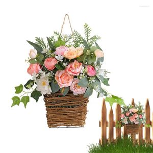 Couronne de fleurs décoratives pour porte d'entrée, panneau de bienvenue de printemps artificiel, guirlande de panier suspendu saisonnier, décoration de maison