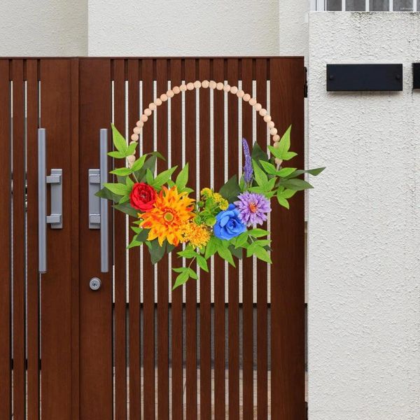 Fleurs décoratives couronne de porte d'entrée avec perles en bois printemps artificiels pour le festival de bureau intérieur extérieur maison ménage