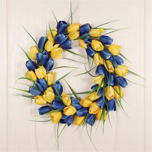 Fleurs décoratives couronne de porte d'entrée jaune et bleu ferme de printemps d'été pour la maison mur de mariage tube en mailles