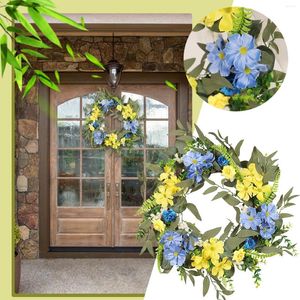 Couronne de fleurs décoratives pour porte d'entrée, ferme de printemps et d'été jaune et bleue pour conteneur de noël de 60 pouces
