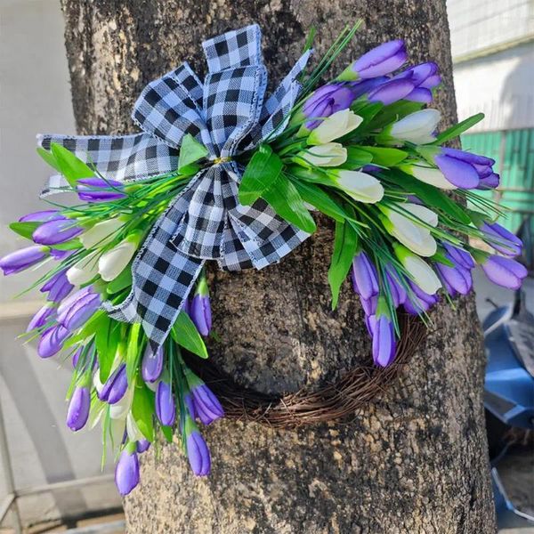 Flores decorativas, adorno colgante para jardín, decoración del hogar, corona de primavera, lazo a cuadros, puerta con Artificial para