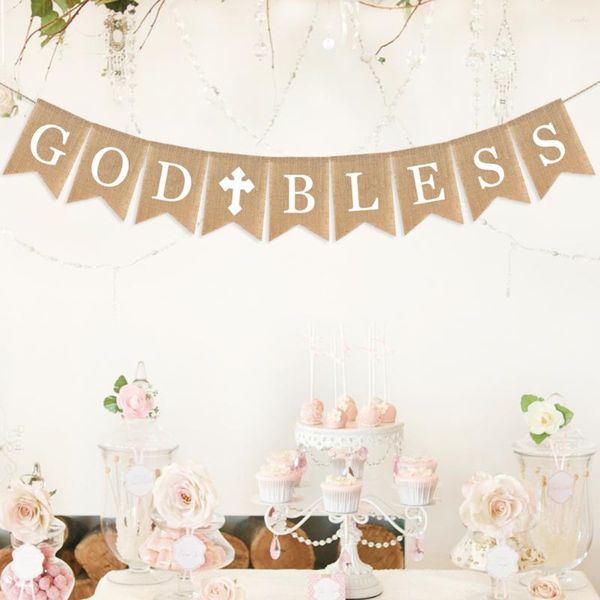 Guirlande de fleurs décoratives Decor God Bless Baptism Banner Burlap Swallowtail Flag Baptême Communion Party White Rustic Bunting