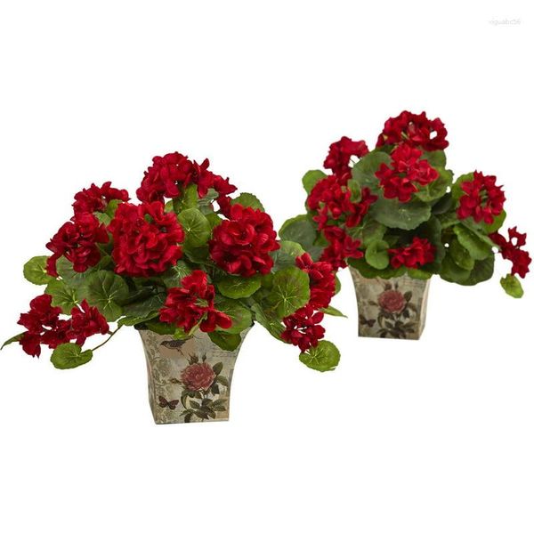 Flores decorativas Planta artificial con flores de geranio con macetero floral, juego de 2 rojos