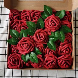 Boîte cadeau de fleurs décoratives, Simulation de roses en papier de 8cm, avec tige de ceinture en feuilles, emballées en 25, pour Table à manger, fête ou décoration de la maison